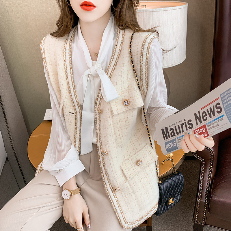 Tweed Style Imitation Mink Fur Vest French Retro Elegant Tweed Vest Korean Style Fashion Top Jacket