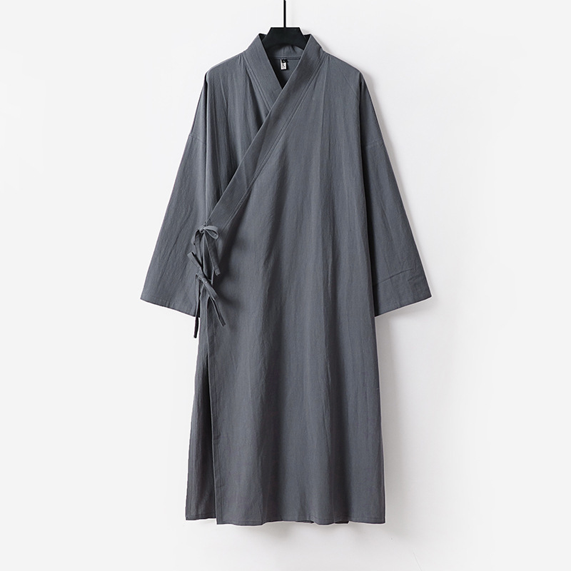 新しい綿とリネンの大きいサイズのエクストラロングローブ中国風漢服ナイトガウンレースアップ着物スチームバスローブメンズオールシーズンローブ|undefined