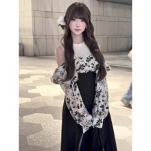 日系甜美感水墨印花露肩掐腰显瘦连衣裙超仙爆款梨形长裙子假两件