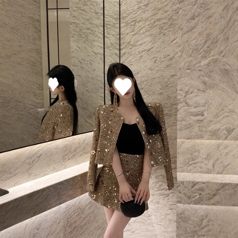 フランスのレトロな小香風重工のスパンコールの高品質の百合コートの高腰の半身のスカートの気質のスーツは郵送します。|undefined