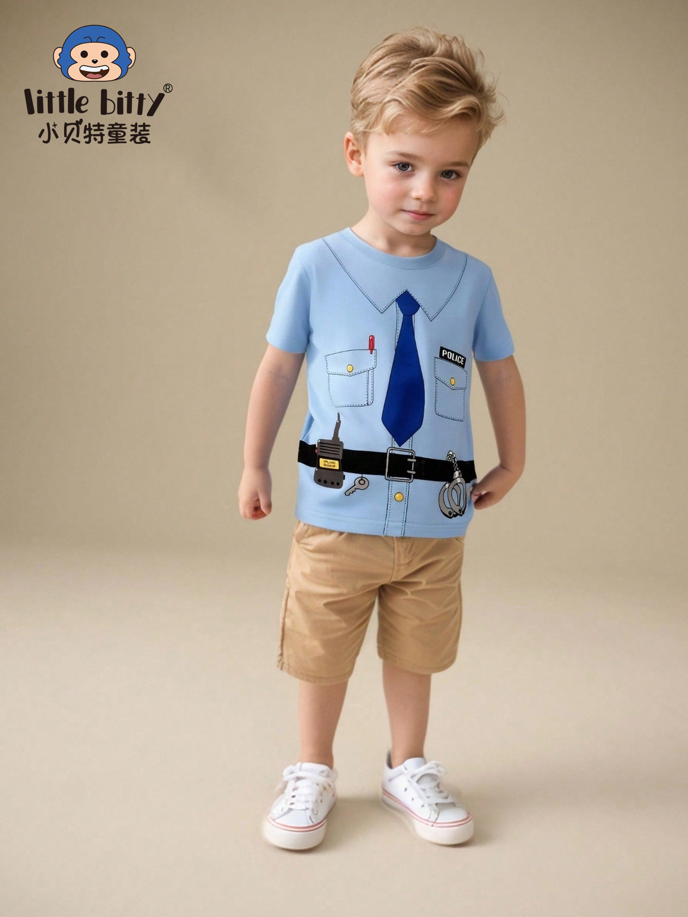Boys' New 2025 Summer Stylish Round Neck Fake Tie Pure Cotton Cartoon Print Top Trendy Children's Clothing