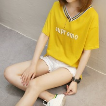 黄色v领T恤女短袖韩版夏季半袖个性chic上衣大码女装宽松外贸批发