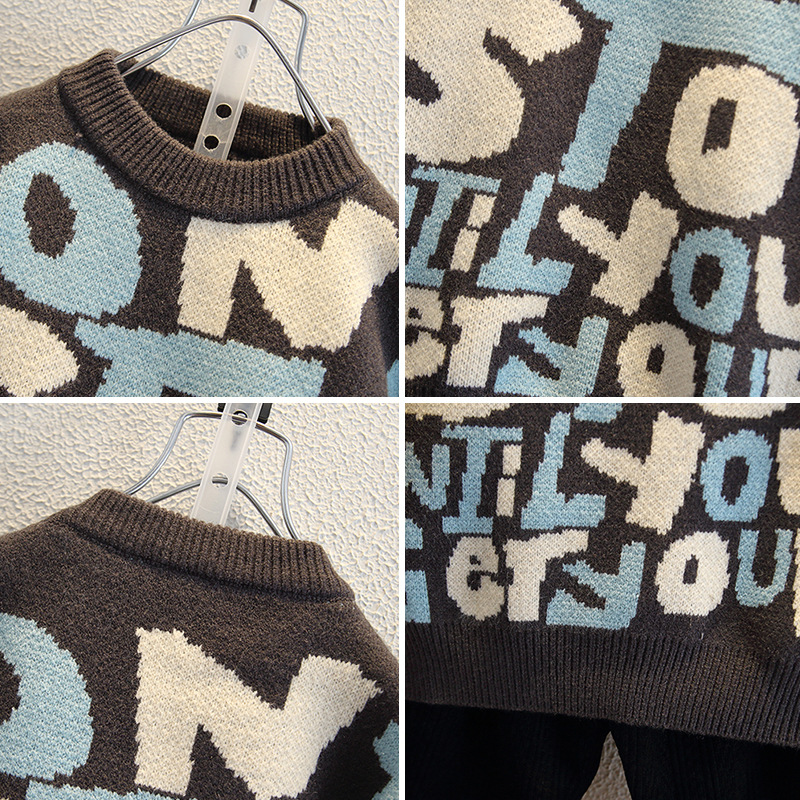 6483 suéter de cuello redondo para niños 2025 primavera y otoño nuevo suéter de otoño para bebés de moda con letras para niños