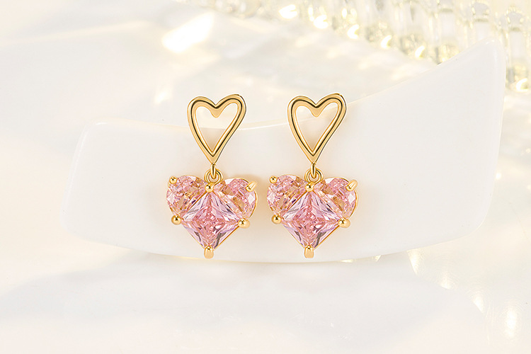 Sweet Heart Shape Copper Gold Plated Zircon Drop Earrings 1 Pair