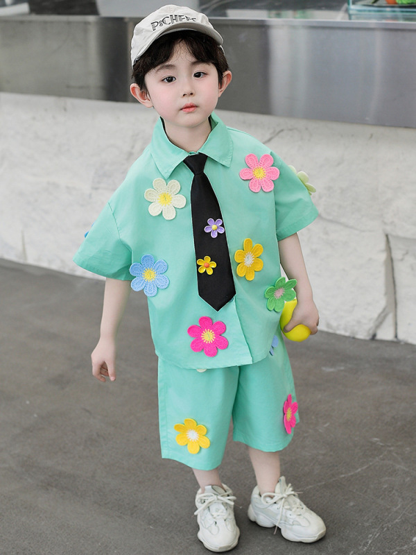 男の子夏半袖スーツ子供服ネクタイシャツスリーピース幼稚園パフォーマンス服卒業写真クラス制服トレンディ|undefined