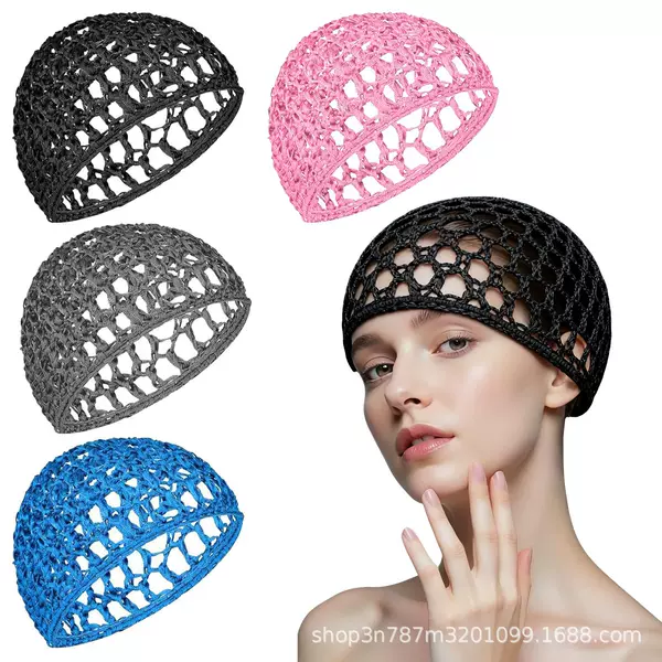 Cross-border solid color handmade crochet hair protection net cap, breathable head cap, soft and elastic mesh hair cap