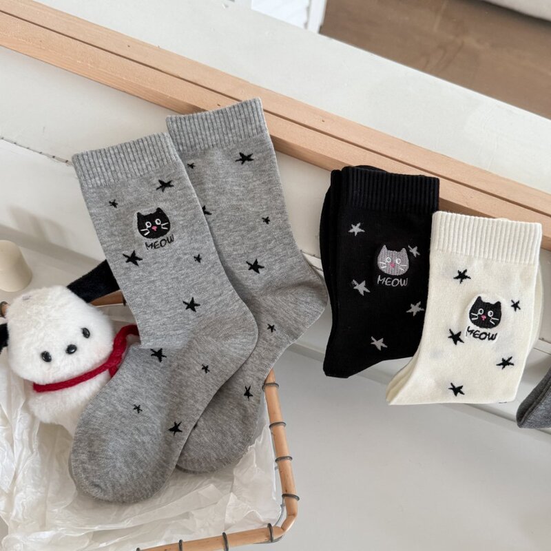 Mekki New Socks for Women, Spring and Autumn Mid-Calf Socks, Cartoon Cat Women's Socks, Embroidered Hello Kitty Sweet Breathable Women's Socks