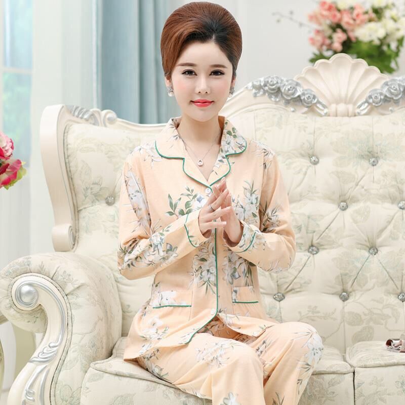 Pijamas de mediana edad y ancianos traje de manga larga de las mujeres sueltas otoño 100% algodón ropa para el hogar más el tamaño mamá primavera e invierno