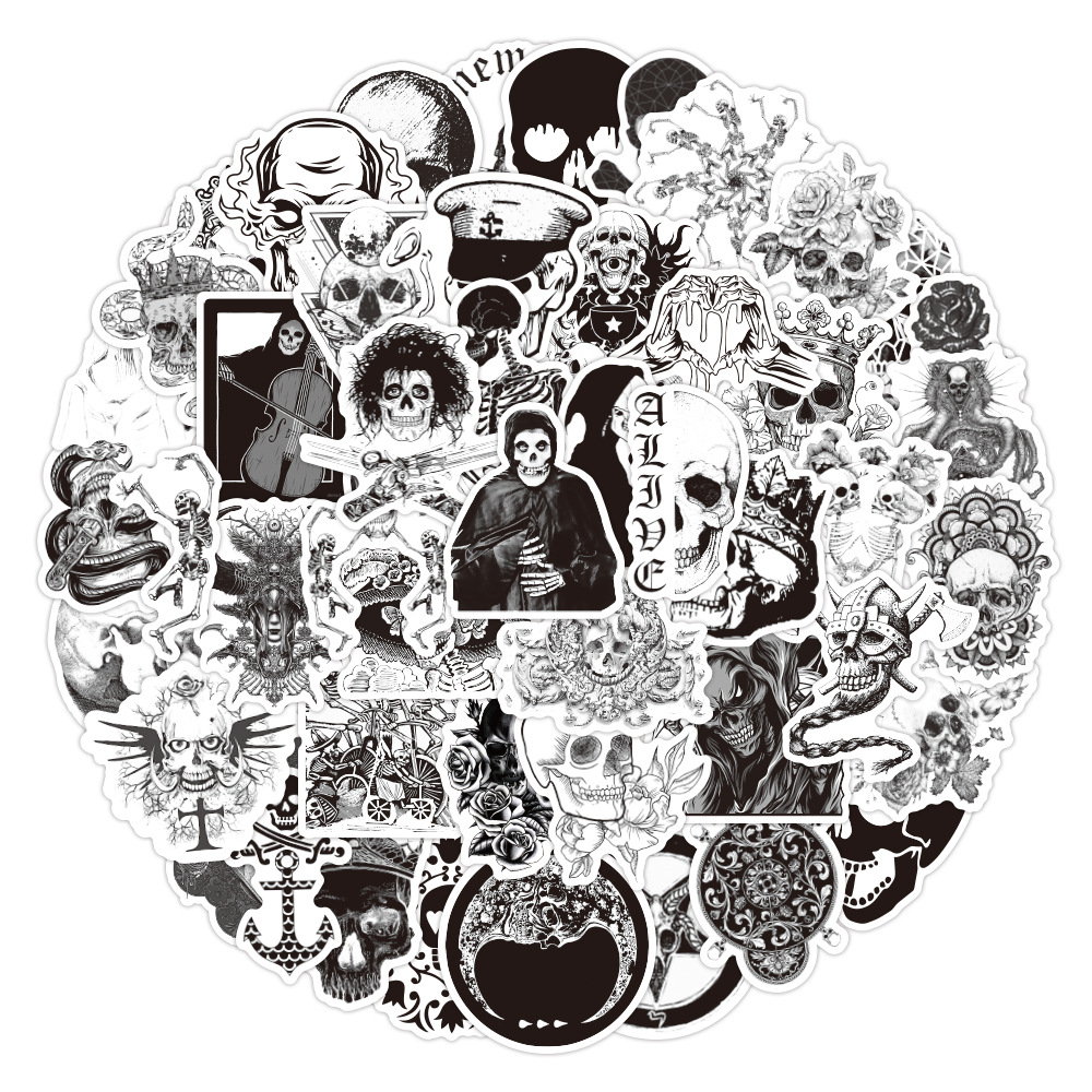 50 blanco y negro gótico cráneo graffiti moda fresco pegatinas decorativas monopatín guitarra caja del teléfono equipaje refrigerador