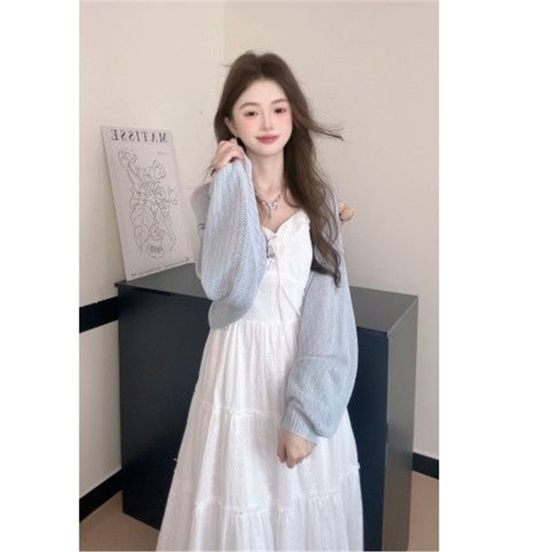 法式温柔风白色吊带裙女2025春季新款V领开衫连衣裙两件套装|undefined