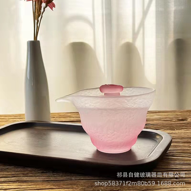 Japanese-style pink lady frosted glass tea set with national trend cover bowl, cups, crystal cups, lady host tea cups, tea tasting cups