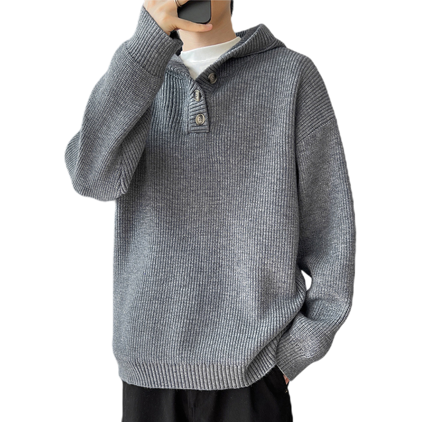 Explosiones transfronterizas de tamaño europeo suéter de punto con capuzas hombre flojo viento medio abierto botón fábrica de marea al por mayor