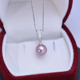淡水珍珠紫色爱迪生9-10mm强光几乎无暇S925银女性吊坠项链时尚风