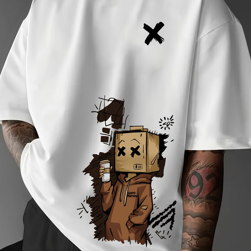 Men's Pure Cotton Fashion Casual Sports Loose Trendy Doll Graffiti Print Round Neck Short-Sleeved T-Shirt Top