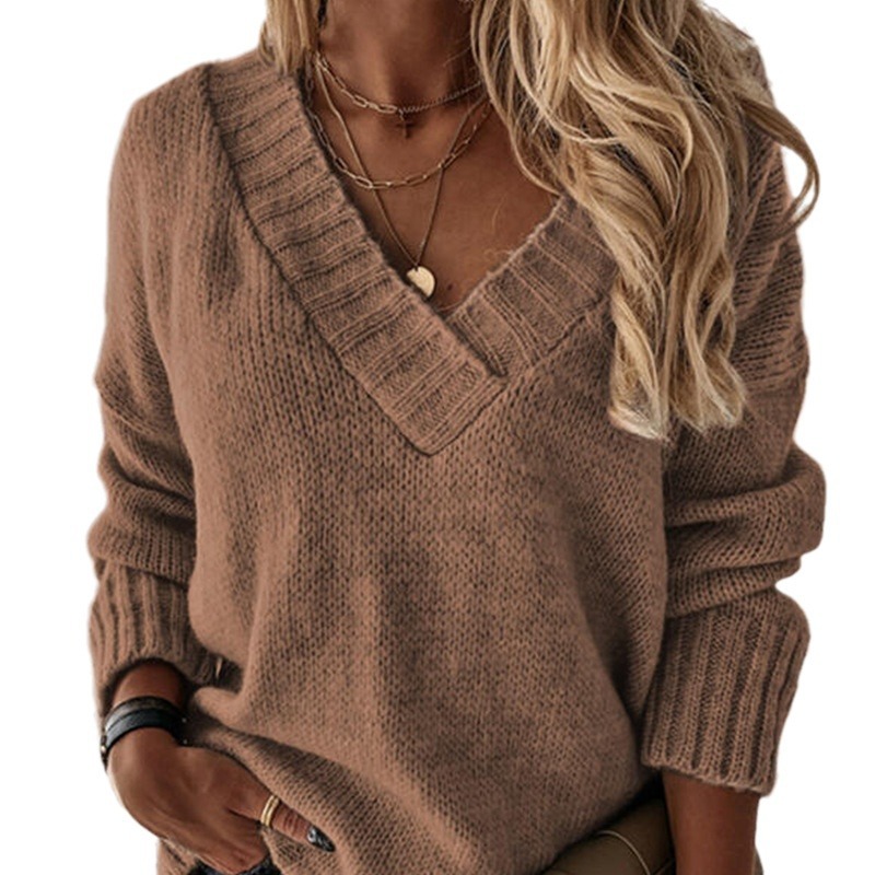 Amazon cross-border foreign trade women's V-neck sweater fashionable solid color threaded sweater loose and versatile knitted top
