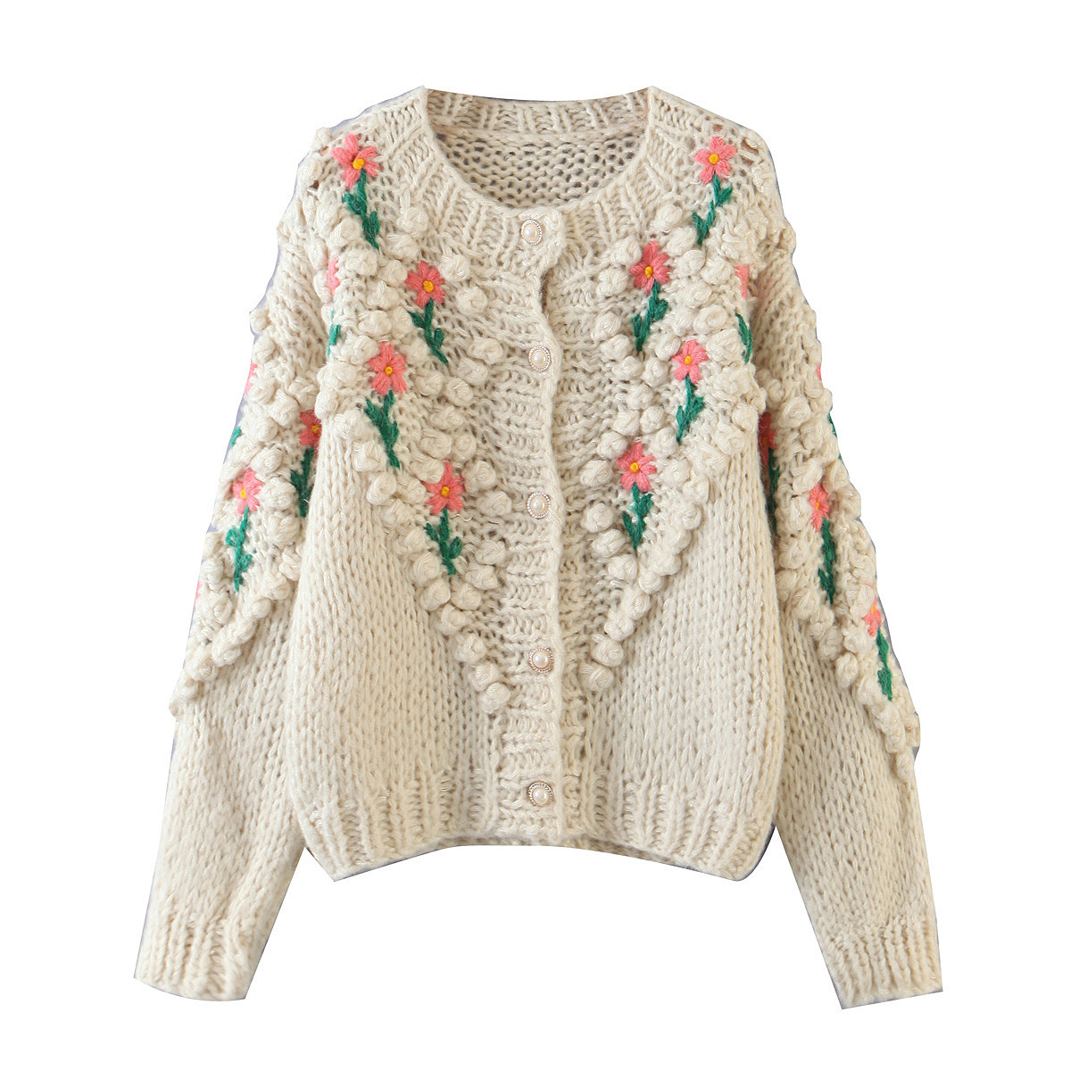 Europeo y americano transfronterizo Amazon otoño e invierno nuevo bordado de ganchillo hecho a mano torcedura perla hebilla suéter de punto cardigan abrigo