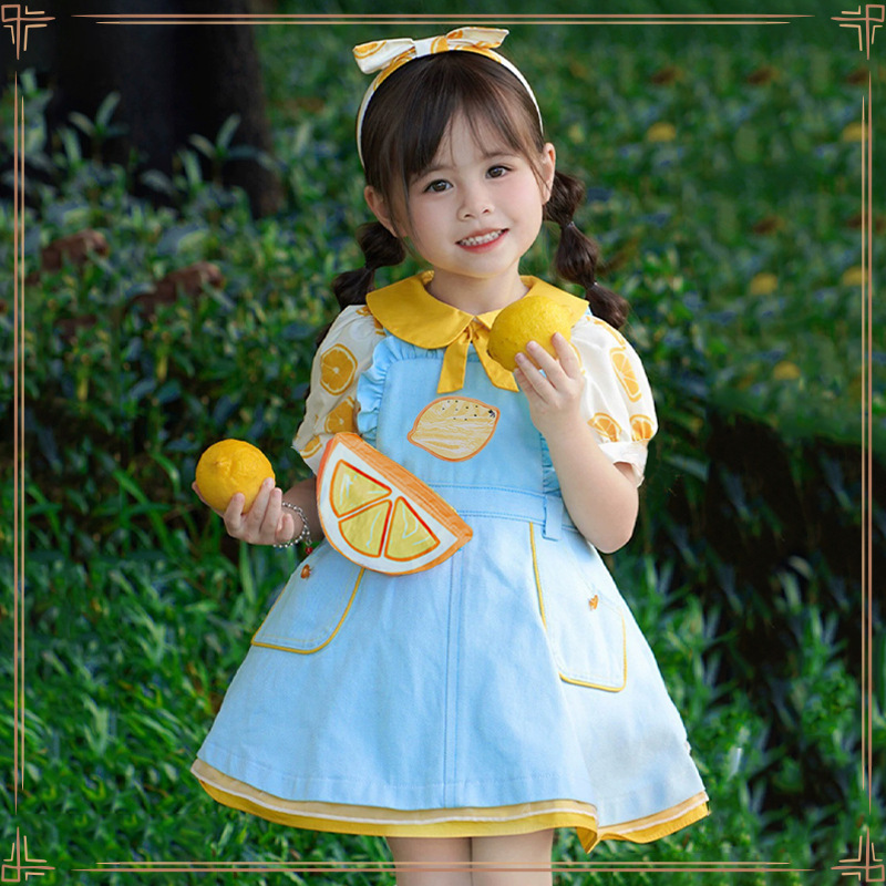 여름과 가을 작은 레몬 셔츠 서스펜더 스커트 공주 원피스 어린이 의류 새로운 외국 스타일의 긴 소매 세트 가을과 겨울 인테리어 벨