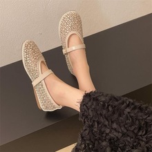 2025芭蕾珍鞋一字单鞋平底众网纱女浅口水钻鞋玛丽夏新款小扣透气