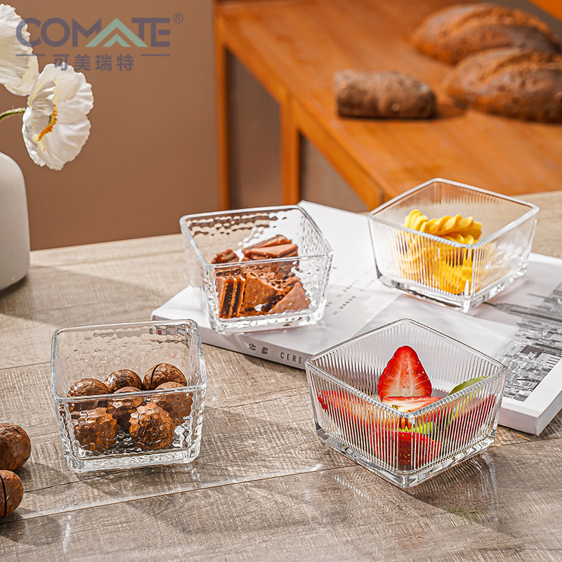 家用輕奢創意網紅琥珀色錘紋豎紋四方零食盤零食碟小吃碟蘸料碟