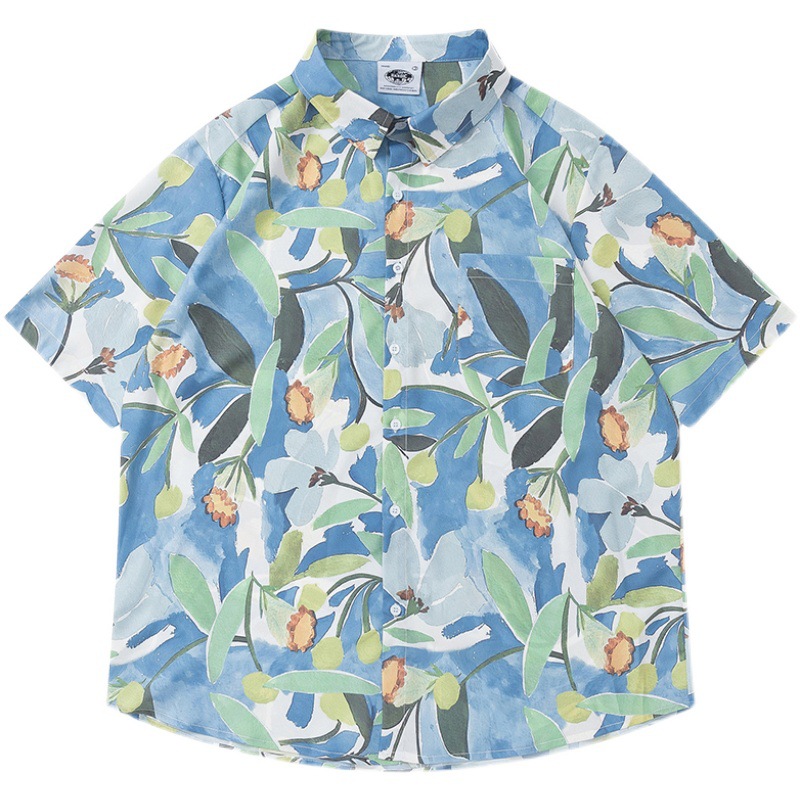 日系复古碎花满印短袖衬衫男女潮牌街头oversize休闲花衬衣薄款|ru