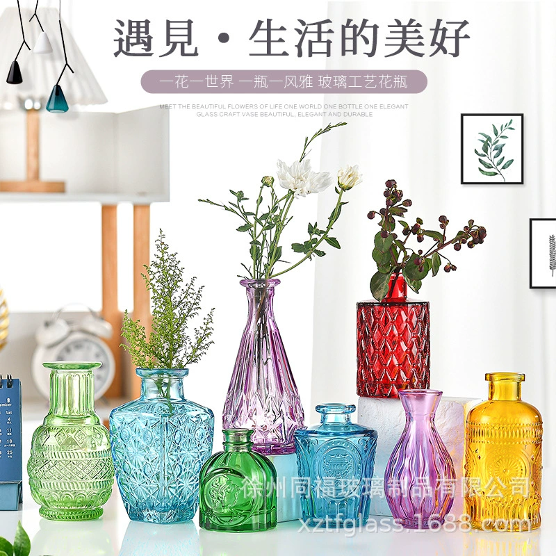 Трансграничная цветная Маленькая ваза с тиснением стеклянная ваза в стиле ins обеденный стол ваза Европейский цвет гидропонная бутылка
