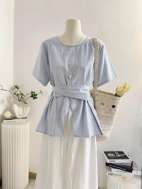 French-style cross-tie waist-cinching short-sleeve shirt for women, 2026 summer design, elegant and slimming commuter top French-style cross-tie waist-cinching short-sleeve shirt for women, 2026 summer design, elegant and slimming commuter top