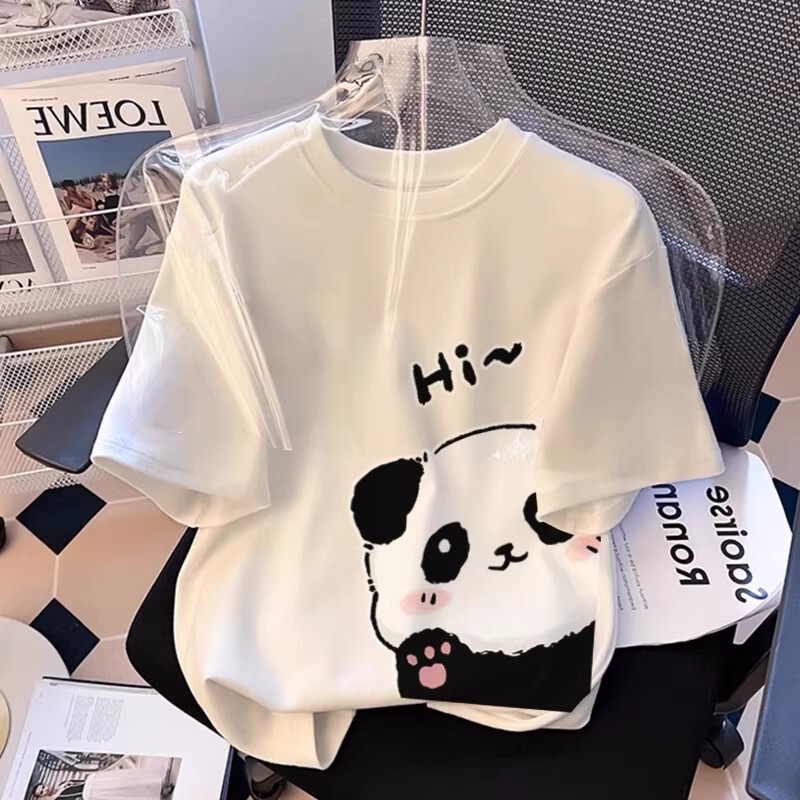 2026 Summer New Style Panda Round Neck Pure Cotton Short-Sleeve T-Shirt for Women, Fashionable Loose Versatile White Half-Sleeve Top Trendy 2026 Summer New Style Panda Round Neck Pure Cotton Short-Sleeve T-Shirt for Women, Fashionable Loose Versatile White Half-Sleeve Top Trendy