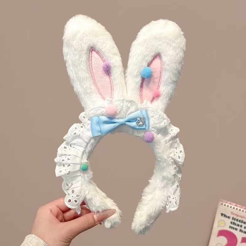 新しいかわいいリボンウサギの耳ぬいぐるみヘッドバンドレース洗顔ヘッドバンド子供のヘアピン帽子卸売|undefined