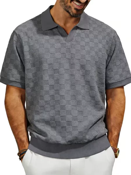 European Size Cross-Border Men's Polo Shirts Are Made from a Solid Color Checkered Jacquard Fabric and Feature a Classic Collar