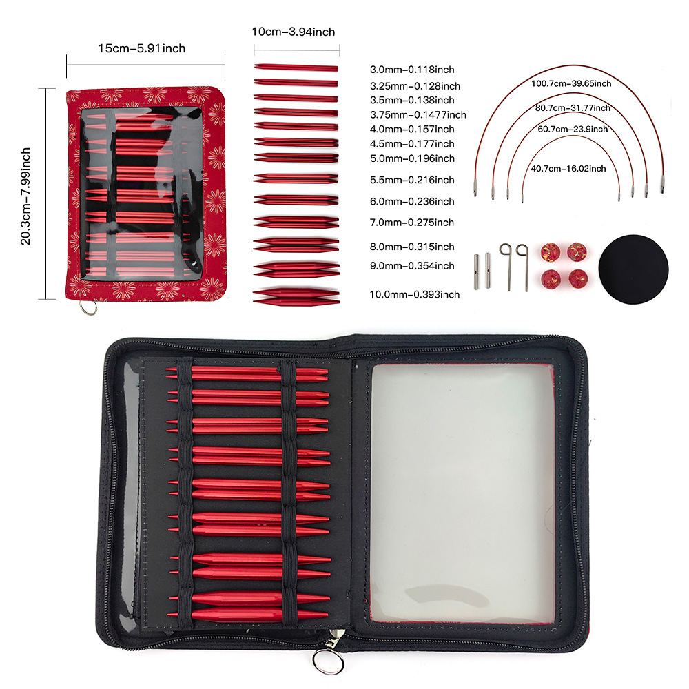 Herramienta de tejido Alúmina roja 13 Pack Desmontable Cabeza de reemplazo Juego de aguja de anillo Bolsa de tela Ventana 10C