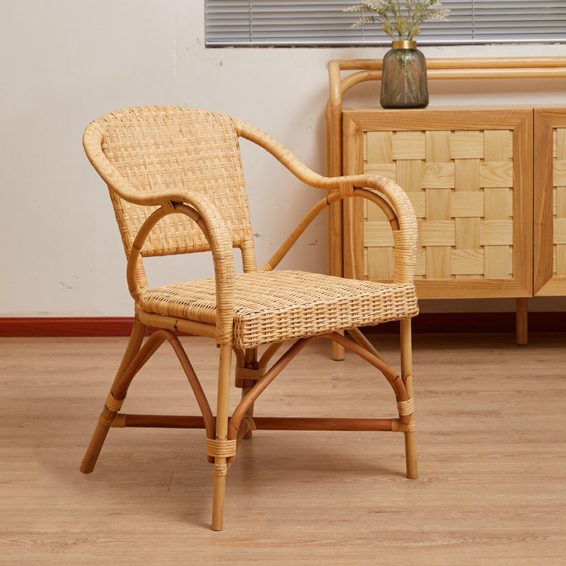 Wabi-Sabi Style Backrest Chair, Trendy Single Armrest Dining Chair, Japanese Rattan Chair, Natural Handmade Rattan Woven Home Leisure Chair