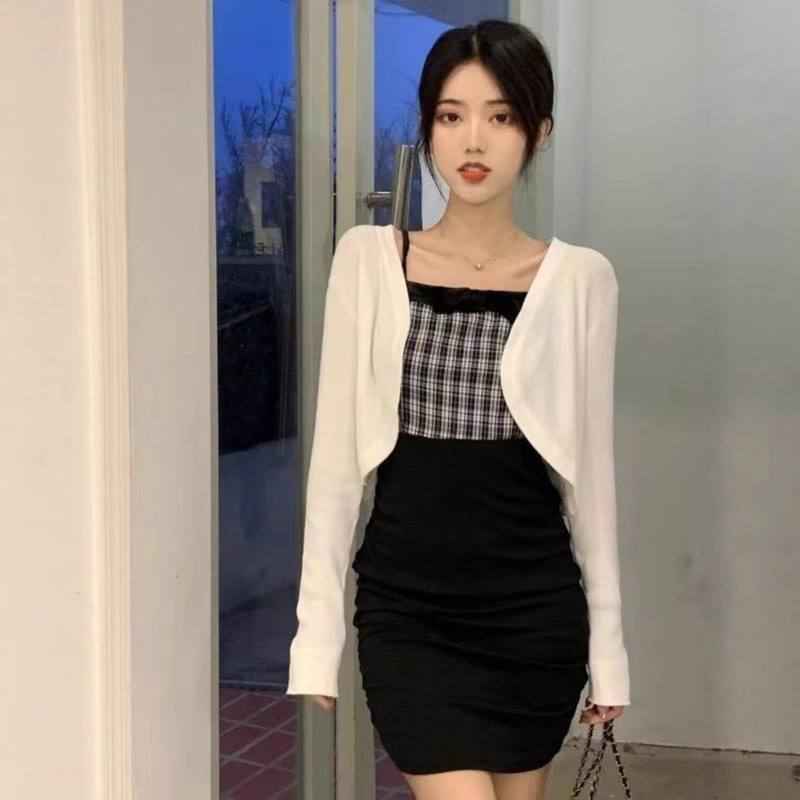 Plus Size Fat Girl Knitted Sun Protection Cardigan Women's Thin French Top Shawl Summer with Suspender Skirt and Blouse