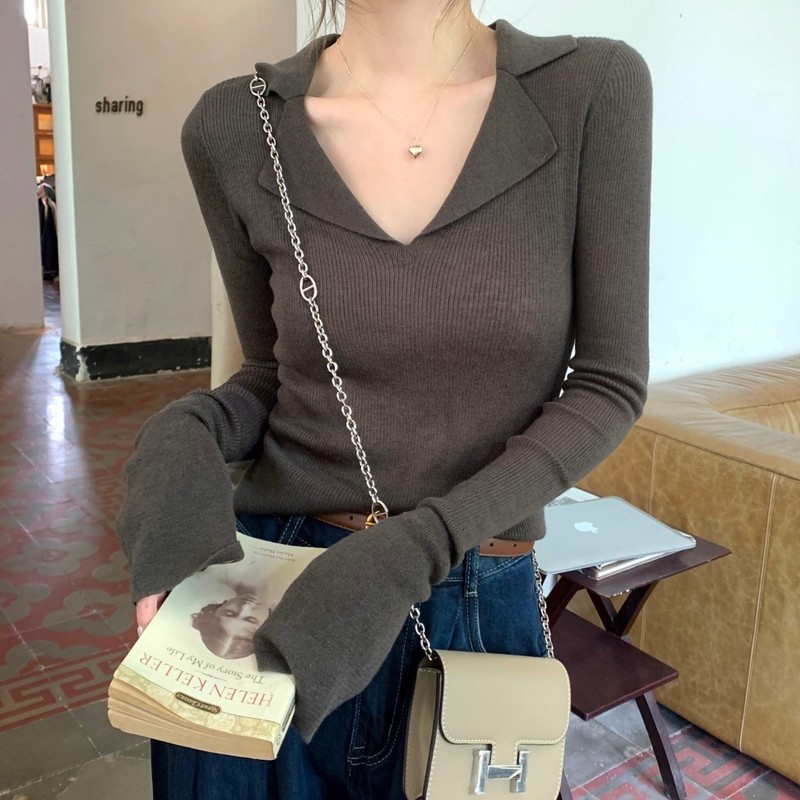 高级螺纹polo翻领针织毛衣女春季秋装V领法式内搭长袖打底衫上衣|undefined