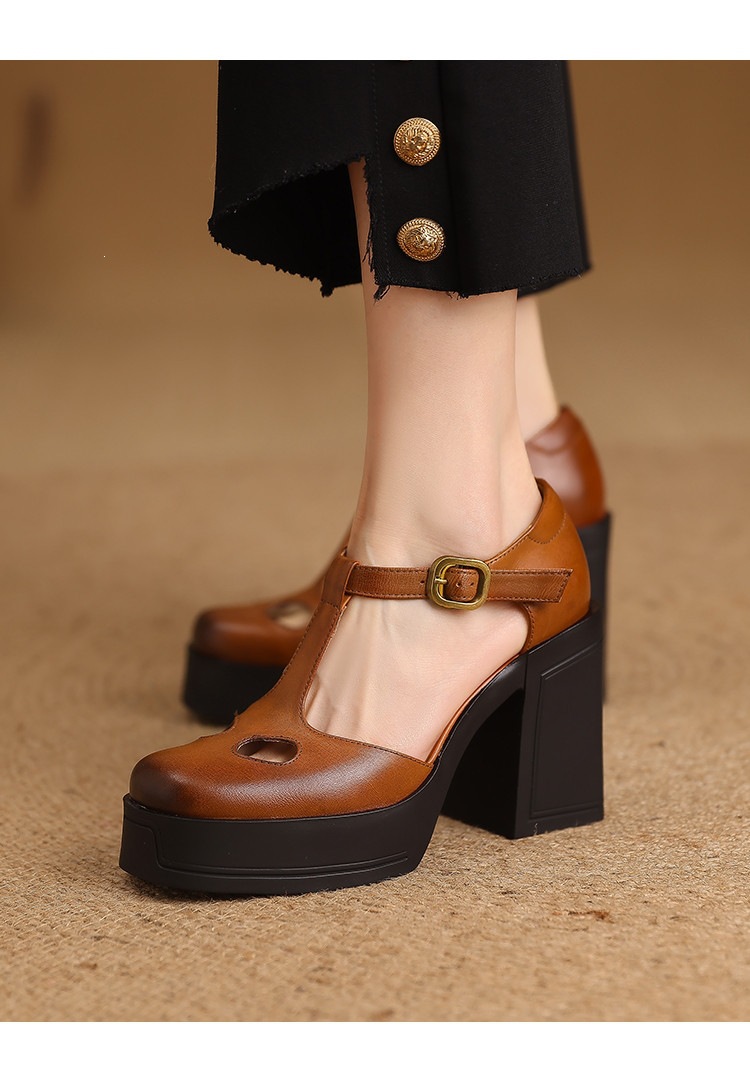 Sandal nữ đế xuồng platform gót vuông phong cách vintage khóa kim loại — màu nâu, màu đen chi tiết 11