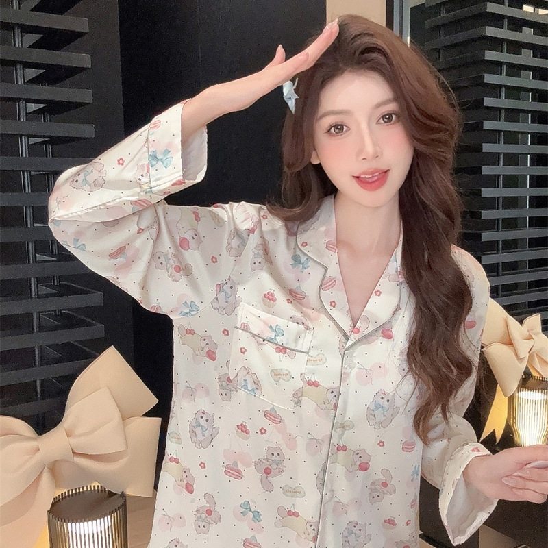 2025 New Spring and Summer Ice Silk Pajamas Women's Satin Cartoon Kitten Sweet Cute Girly Internet Popular Home Clothes for Women