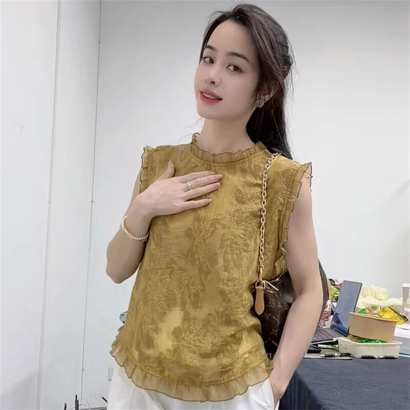 Elegant Retro Design Ruffled Lace Sleeveless Shirt for Women 2026 Summer Versatile Slimming Stylish Top Trendy Elegant Retro Design Ruffled Lace Sleeveless Shirt for Women 2026 Summer Versatile Slimming Stylish Top Trendy