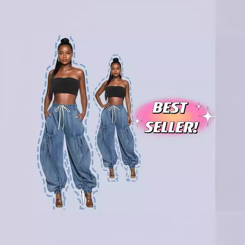 Rope Tick Tight Waist Drawstring Lace-up Foot Bow Loose Slim Look Jeans Women's Casual Trousers