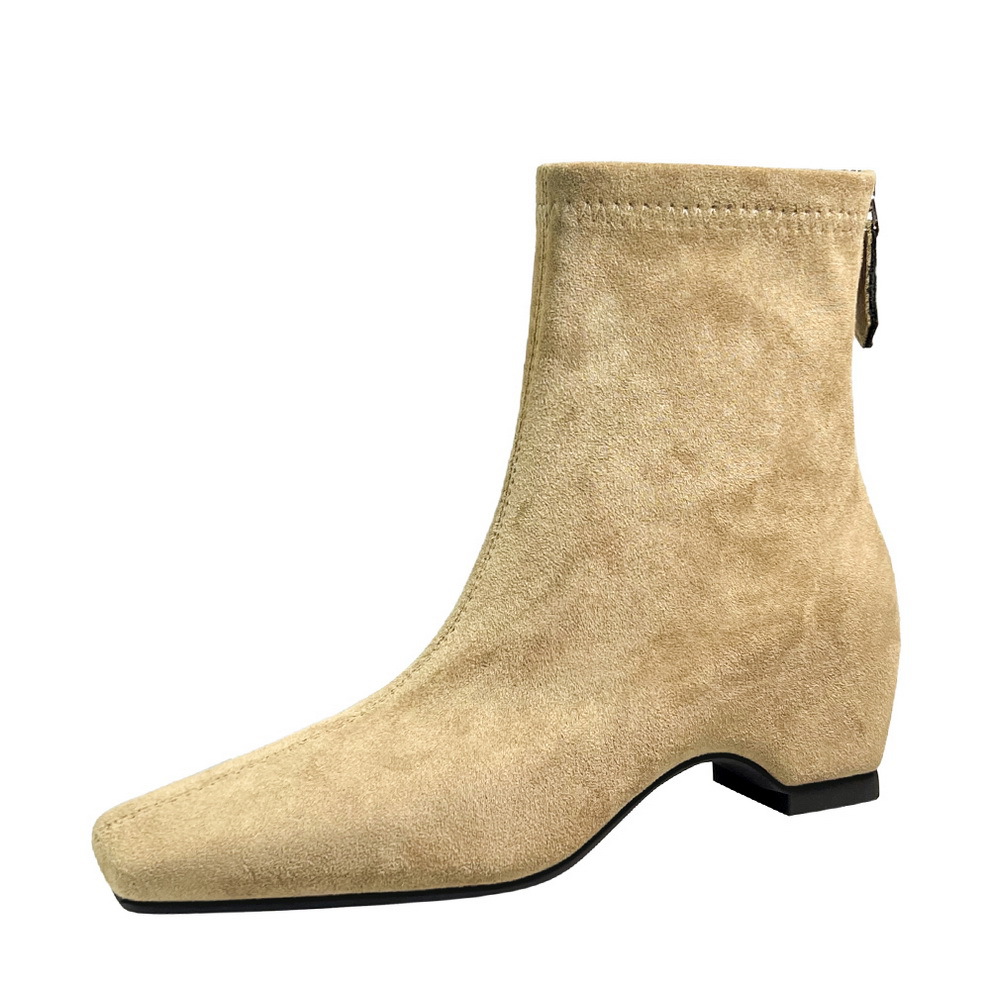 2323-1 Vintage British Style Square-Toed Ankle For Women, Suede, Back Zipper, Height-Increasing, Fashionable Stretch_vogvips.com