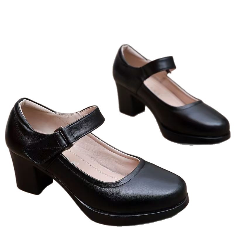 2026 zapatos de desfile de tacones medios poco profundos de cabeza redonda tacones gruesos cómodos zapatos de trabajo femeninos de tendón de toro zapatos madre