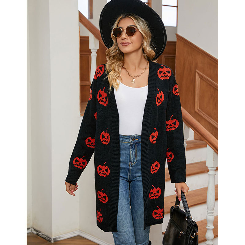 Long Top Length Wholesale Women's Casual Streetwear Halloween Pattern Long Sleeve Jacquard Sweaters & Cardigans