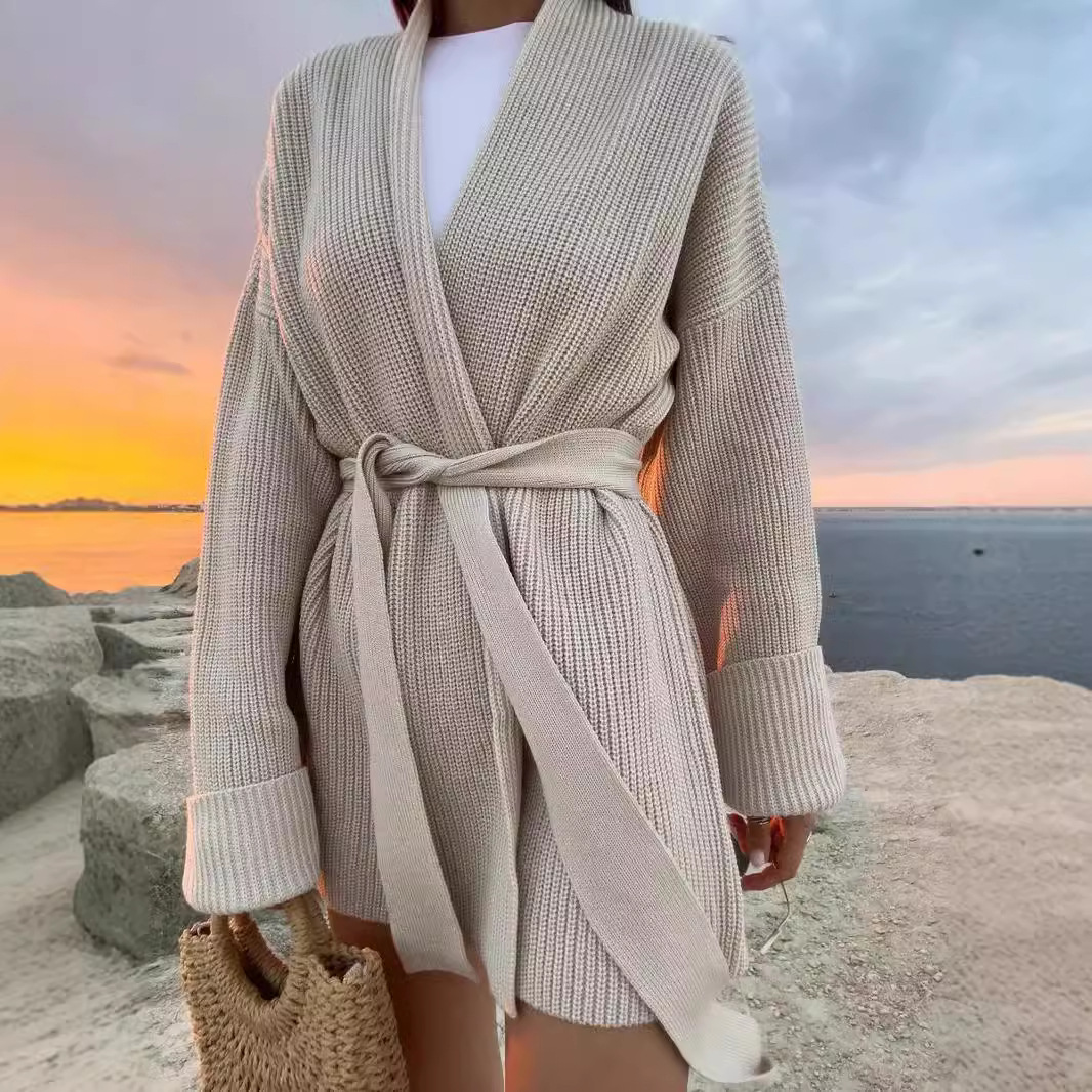 加工定制针织绑带纯色宽松长袖中长款毛衣开衫