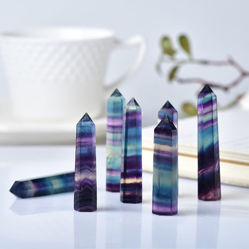 Amazon natural colorful fluorite crystal column ornaments single pointed hexagonal prism green fluorite purple fluorite crystal column wholesale