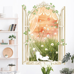 Plant Cat Fake Window Sticker for Bedroom Sofa Background Wall Decor Sticker with Vine and Grass Self-Adhesive Waterproof Wall Sticker