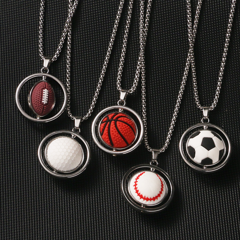 Factory Direct Sales Sports Style Rotating Basketball Football Stainless Steel Necklace Peripheral Commemorative Style Personalized Ball Simple