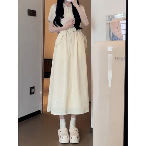 French-style gentle short-sleeve blouse dress for women, summer design with pockets, waist-cinching for a slimming effect, temperament A-line long skirt