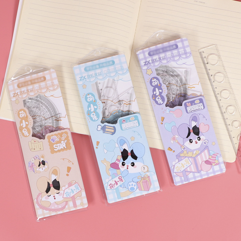 Cartoon transparent ruler set student learning stationery 20cm men's and women's triangle ruler four-piece set combination ruler batch