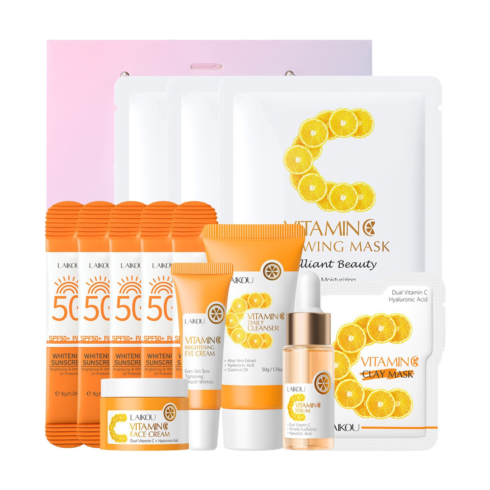 Transfronterizo LAIKOUFENYI Vitamina C serie combinación hidratación humectante productos de cuidado de la piel paquete de caja Inglés FDA productos de cuidado de la piel