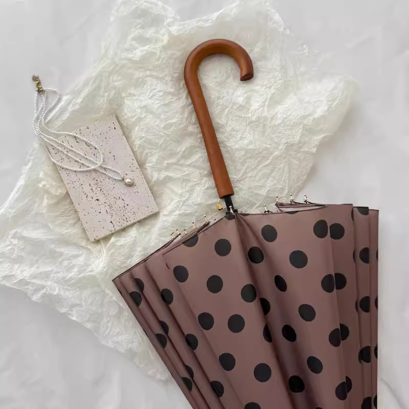 長柄傘 16本骨 香港風傘 女性用 耐風水玉拡大傘 高級 自動丈夫 晴雨兼用傘