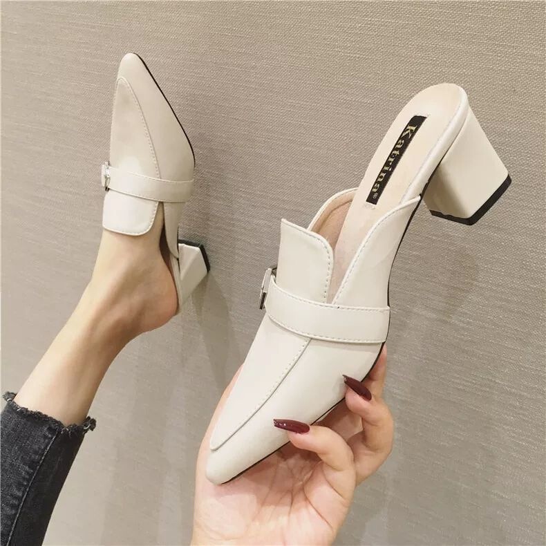 2026 New Women's Open-Toe Mules with High Heels, Retro Buckle Design, Chunky Heel, Pointed Toe, Social Style Half-Slipper