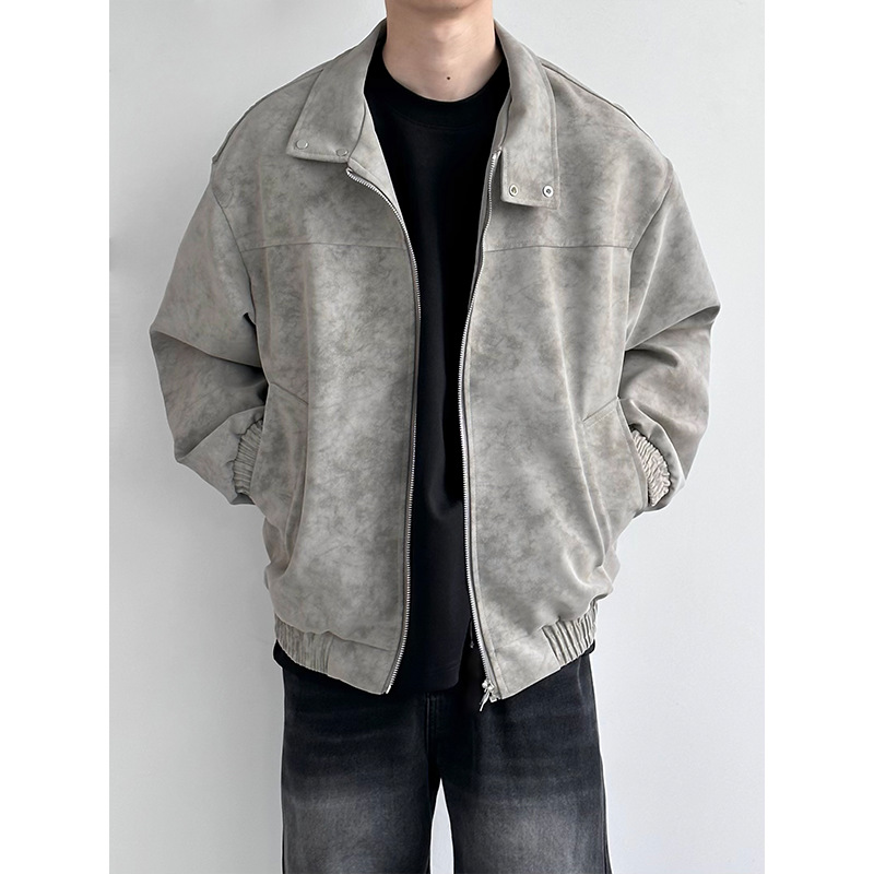 [Direct Stock Available] American Retro Dirty Tie-Dye Leather Jacket for Men, Spring and Autumn, PU Leather Harrington Work Jacket